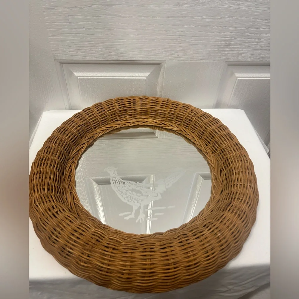 Round Wicker Wall Mirror with Bird Design